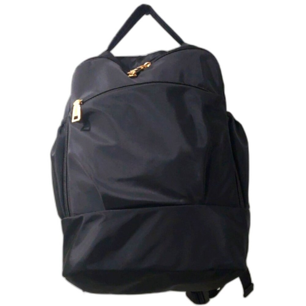 Black Nylon Daypack Backpack – Gold Zipper Accents, Lightweight Travel Bag